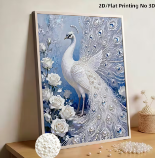 Preview: Diamond Painting Perlen Pfau mit weissen Rosen
